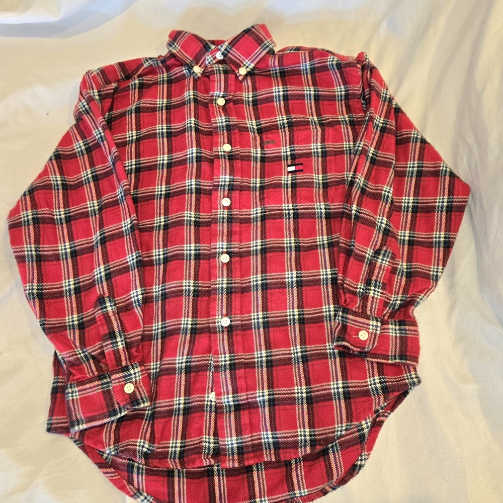 Tommy Hilfiger Boys Vintage 90's Red Plaid Kids Button Down Shirt Holiday Plaid